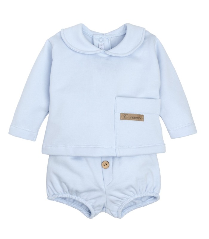 Conjunto Pololo bebé celeste algodón suave cuello bebé bolsillo delantero invierno detalle tejido en blanco