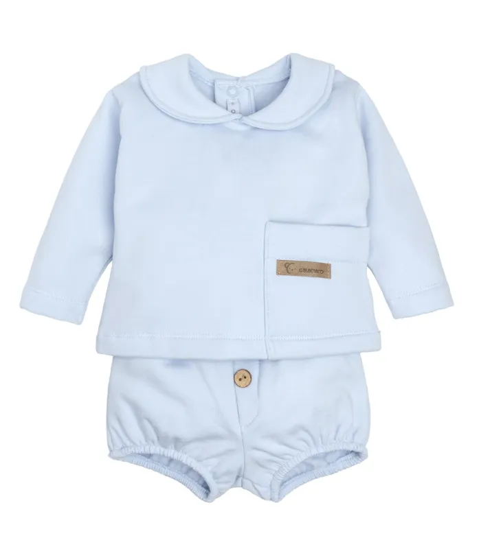 Conjunto Pololo bebé celeste algodón suave cuello bebé bolsillo delantero invierno detalle tejido en blanco