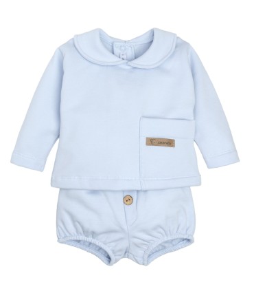 Conjunto Pololo bebé celeste algodón suave cuello bebé bolsillo delantero invierno detalle tejido en blanco