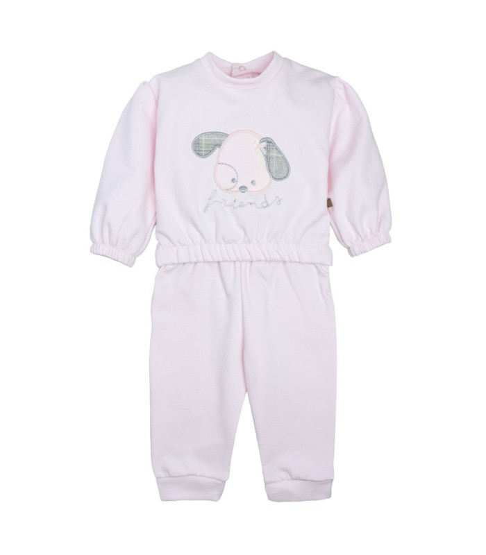 Conjunto Sport bebé rosa algodón suave sudadera dibujo central pantalón elástico invierno detalle tejido en fondo blanco