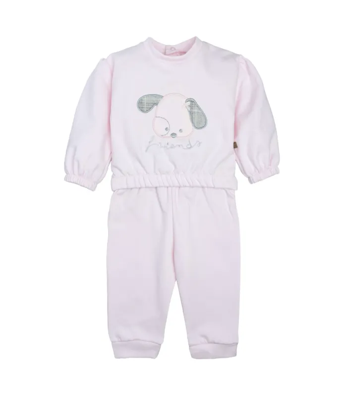 Conjunto Sport bebé rosa algodón suave sudadera dibujo central pantalón elástico invierno detalle tejido en fondo blanco