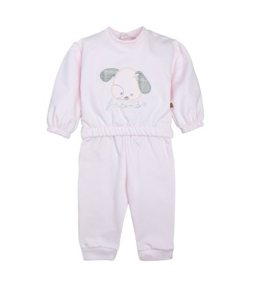 Conjunto Sport bebé rosa algodón suave sudadera dibujo central pantalón elástico invierno detalle tejido en fondo blanco