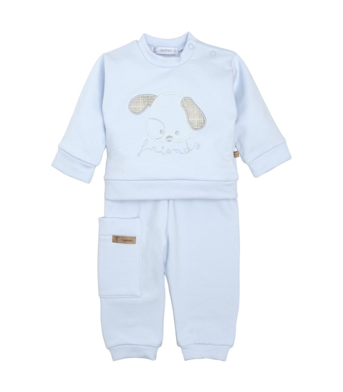 Conjunto Sport bebé celeste algodón suave sudadera dibujo central bolsillo pantalón invierno detalle tejido en fondo blanco