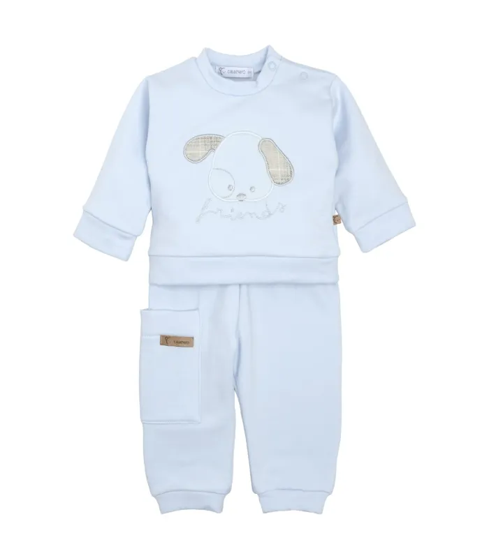 Conjunto Sport bebé celeste algodón suave sudadera dibujo central bolsillo pantalón invierno detalle tejido en fondo blanco