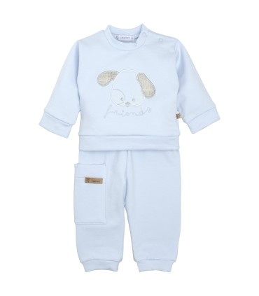 Conjunto Sport bebé celeste algodón suave sudadera dibujo central bolsillo pantalón invierno detalle tejido en fondo blanco