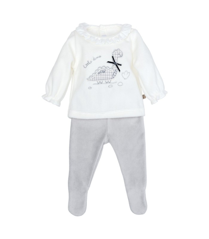 Conjunto Polaina bebé gris dibujo dinosaurio infantil textura suave invierno en fondo blanco