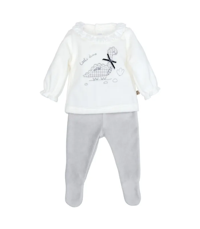 Conjunto Polaina bebé gris dibujo dinosaurio infantil textura suave invierno en fondo blanco
