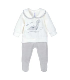 Conjunto Polaina bebé gris cuello dibujo dinosaurio suave invierno en fondo blanco