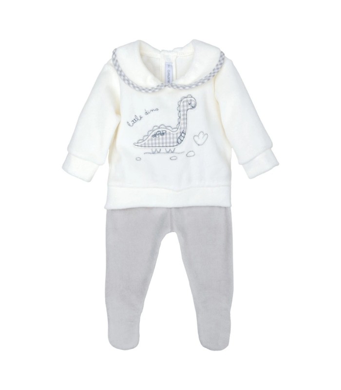 Conjunto Polaina bebé gris cuello dibujo dinosaurio suave invierno en fondo blanco