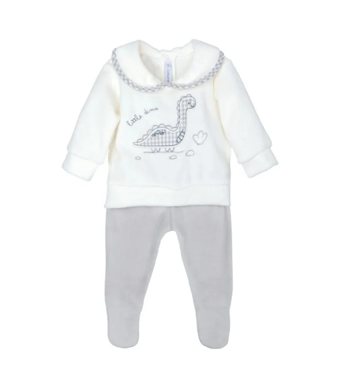 Conjunto Polaina bebé gris cuello dibujo dinosaurio suave invierno en fondo blanco
