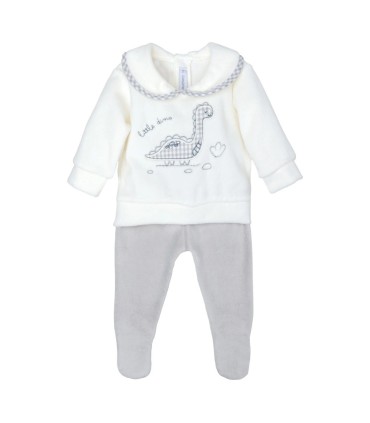 Conjunto Polaina bebé gris cuello dibujo dinosaurio suave invierno en fondo blanco