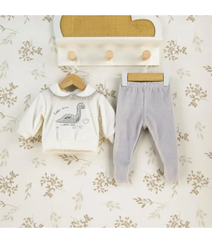 Conjunto Polaina bebé gris cuello dibujo dinosaurio suave invierno