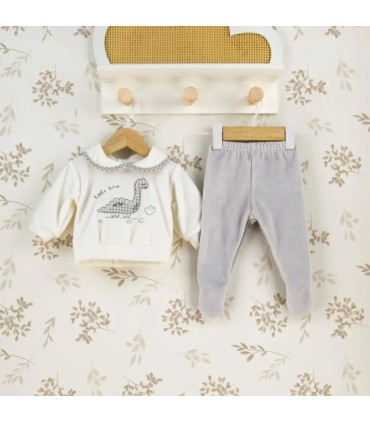 Conjunto Polaina bebé gris cuello dibujo dinosaurio suave invierno