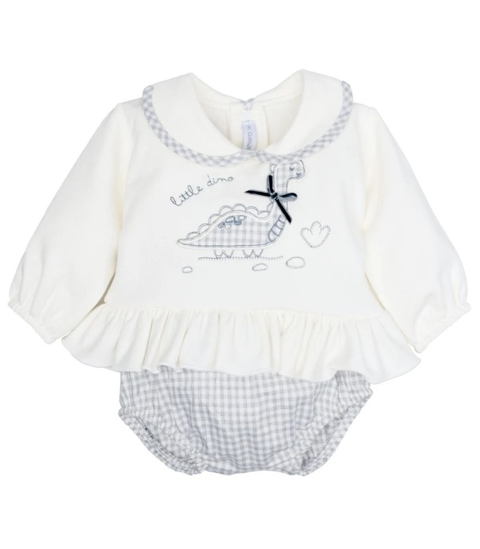 Conjunto Pololo bebé gris algodón elastano vichy volante bordado textura suave elegante en fondo blanco