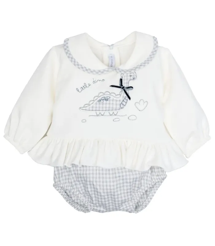 Conjunto Pololo bebé gris algodón elastano vichy volante bordado textura suave elegante en fondo blanco
