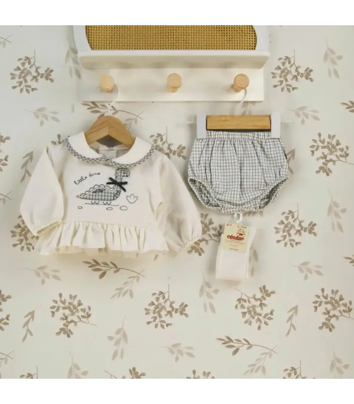 Conjunto Pololo bebé gris algodón elastano vichy volante bordado textura suave elegante