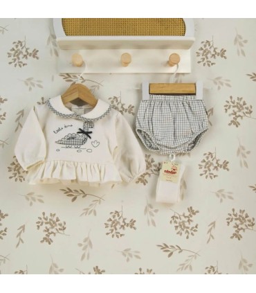 Conjunto Pololo bebé gris algodón elastano vichy volante bordado textura suave elegante