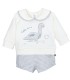 Conjunto pololo bebé gris vichy algodón elastano cuello bebé bordado textura suave en fondo blanco