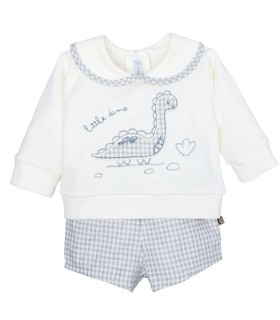 Conjunto pololo bebé gris vichy algodón elastano cuello bebé bordado textura suave en fondo blanco