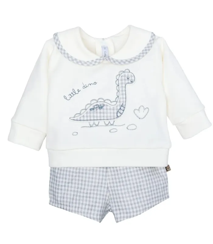 Conjunto pololo bebé gris vichy algodón elastano cuello bebé bordado textura suave en fondo blanco