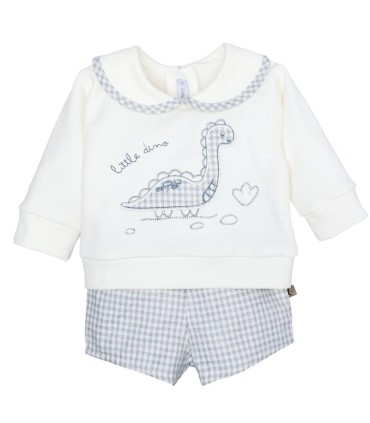Conjunto pololo bebé gris vichy algodón elastano cuello bebé bordado textura suave en fondo blanco