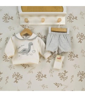 Conjunto pololo bebé gris vichy algodón elastano cuello bebé bordado textura suave