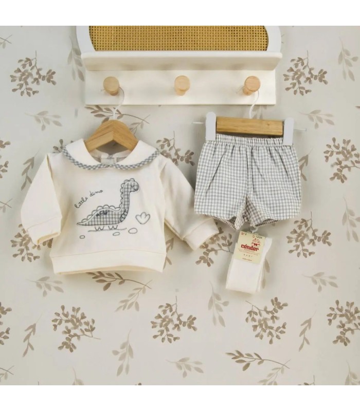 Conjunto pololo bebé gris vichy algodón elastano cuello bebé bordado textura suave