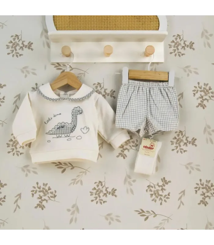 Conjunto pololo bebé gris vichy algodón elastano cuello bebé bordado textura suave