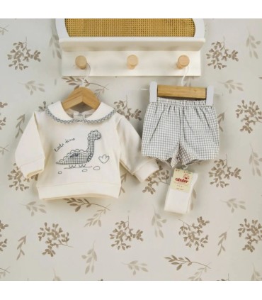 Conjunto pololo bebé gris vichy algodón elastano cuello bebé bordado textura suave