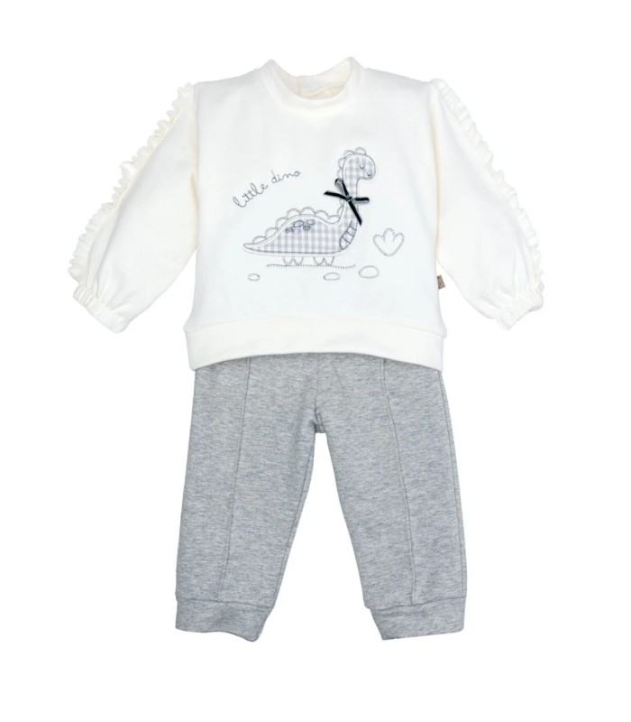 Conjunto sport niña gris algodón elastano sudadera volante pantalón textura suave en fondo blanco