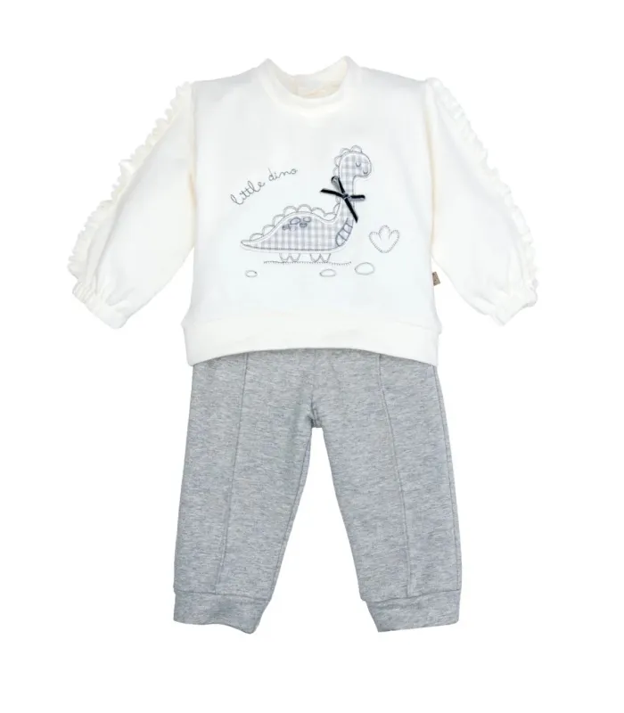 Conjunto sport niña gris algodón elastano sudadera volante pantalón textura suave en fondo blanco