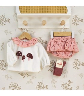 Conjunto Pololo bebé rosa empolvado algodón con bordado de setas y cuello fruncido detalle invierno