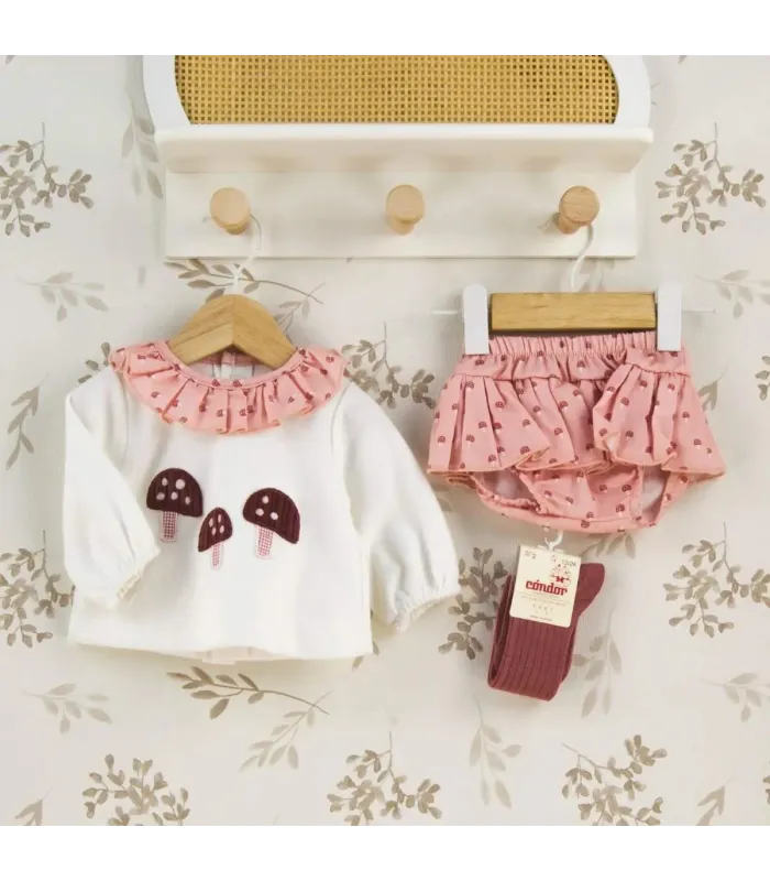 Conjunto Pololo bebé rosa empolvado algodón con bordado de setas y cuello fruncido detalle invierno