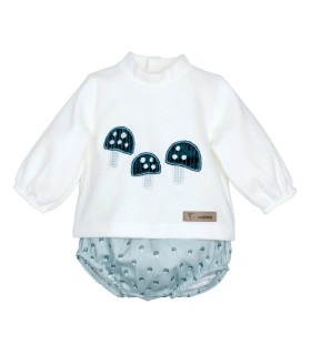 Conjunto Pololo bebé verde agua algodón con bordado de setas y textura suave detalle invierno en fondo blanco