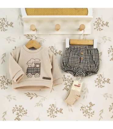 Conjunto Pololo bebé crudo sudadera punto bordado camión pololo cuadros algodón invierno