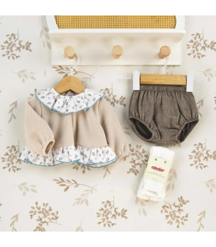 Conjunto Pololo bebé crudo volante cuello estampado ribete celeste pololo algodón invierno