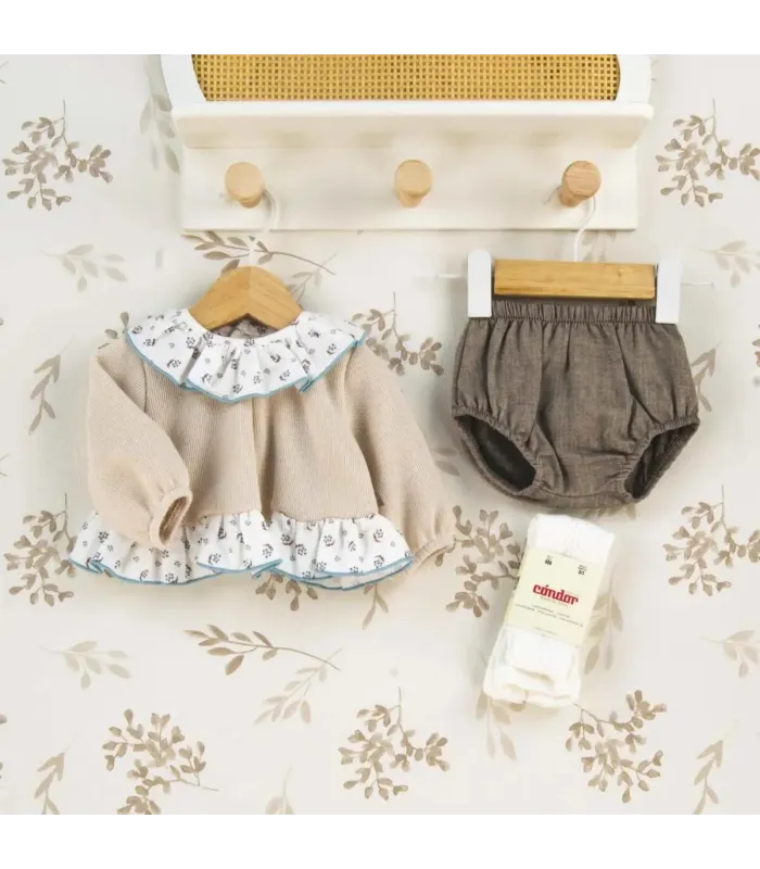 Conjunto Pololo bebé crudo volante cuello estampado ribete celeste pololo algodón invierno