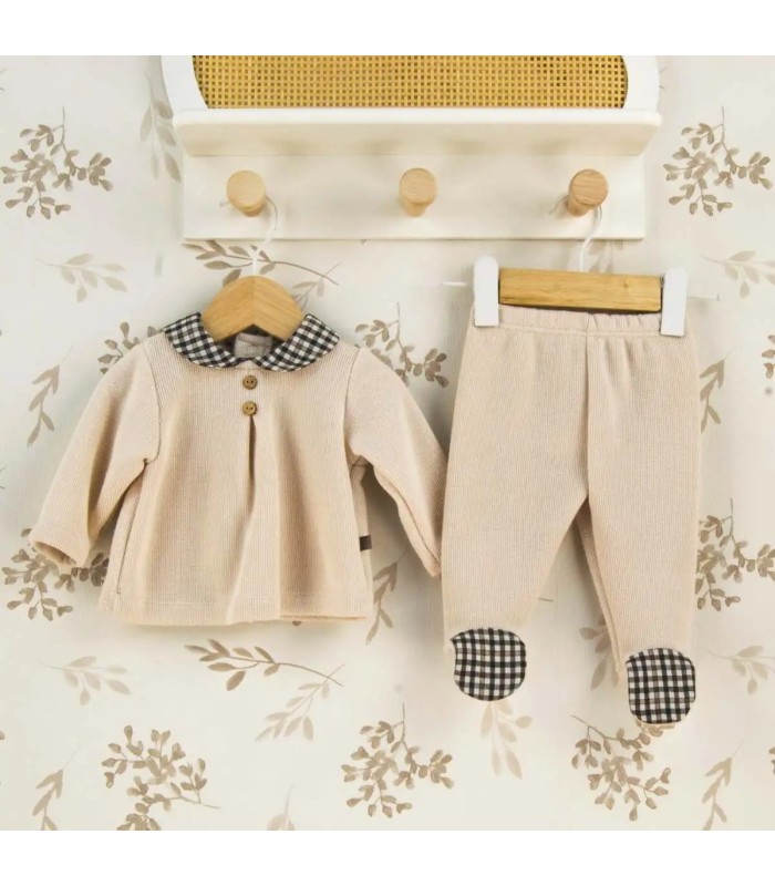 Conjunto Polaina bebé crudo cuello vichy botones tejido punto invierno