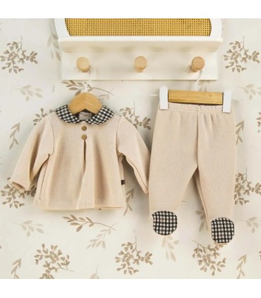 Conjunto Polaina bebé crudo cuello vichy botones tejido punto invierno