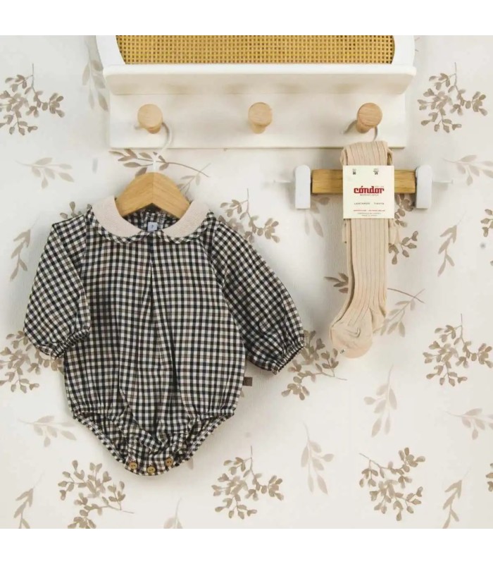 Pelele bebé chocolate cuadros algodón cuello bebé crudo manga larga invierno