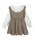 Conjunto Pichi niña chocolate algodón vestido volante blusa cuello volante ribete celeste en fondo blanco