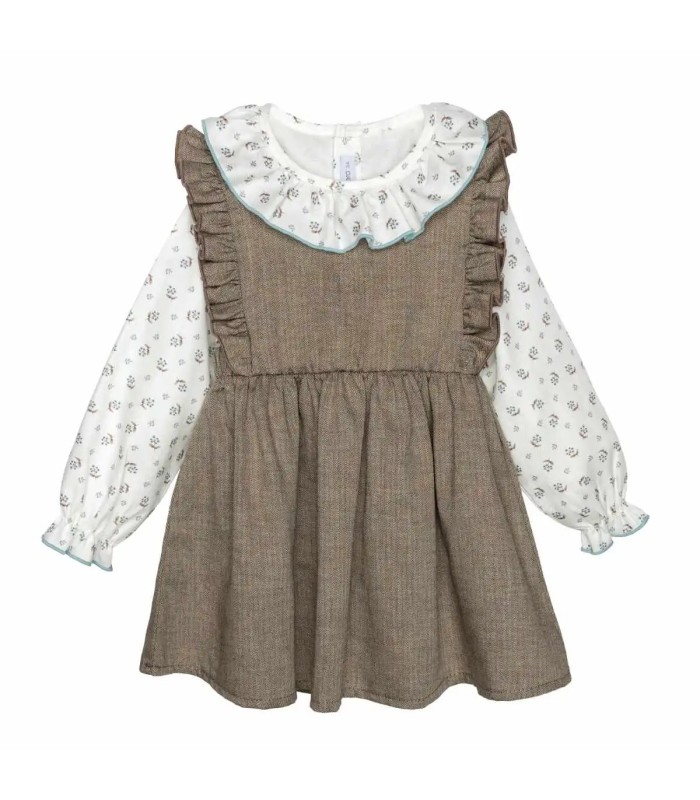 Conjunto Pichi niña chocolate algodón vestido volante blusa cuello volante ribete celeste en fondo blanco