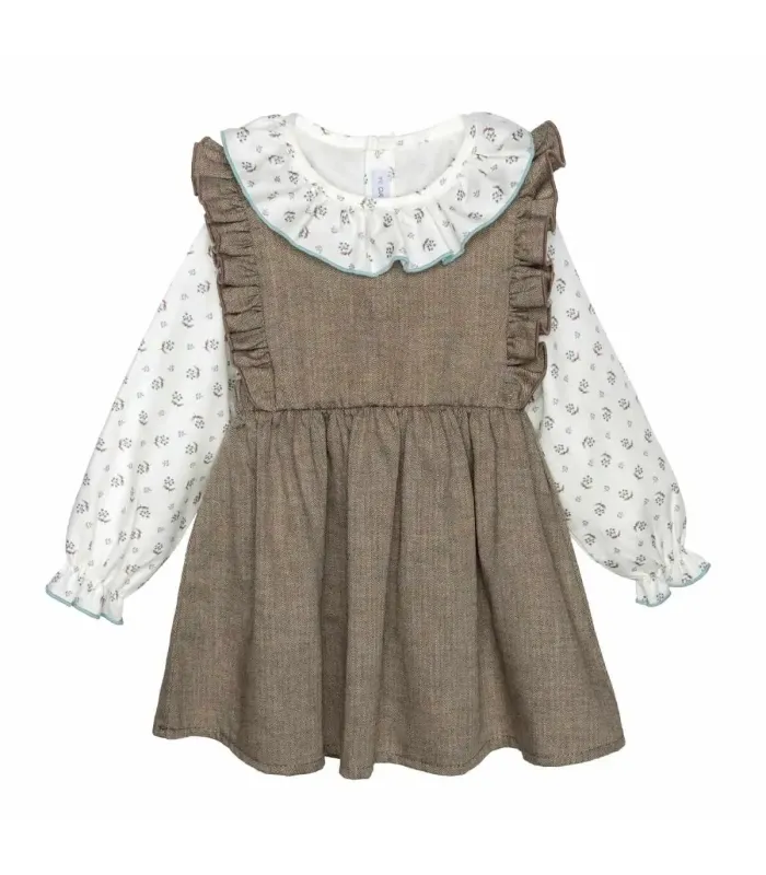 Conjunto Pichi niña chocolate algodón vestido volante blusa cuello volante ribete celeste en fondo blanco