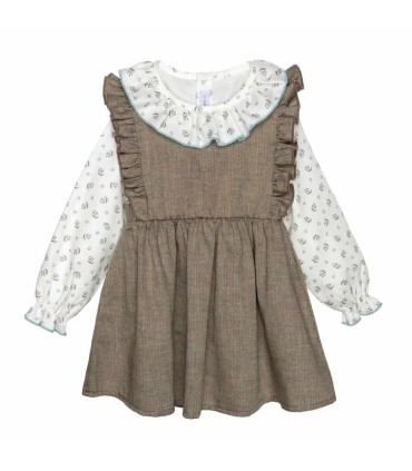 Conjunto Pichi niña chocolate algodón vestido volante blusa cuello volante ribete celeste en fondo blanco