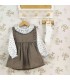 Conjunto Pichi niña chocolate algodón vestido volante blusa cuello volante ribete celeste