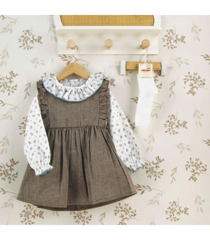 Conjunto Pichi niña chocolate algodón vestido volante blusa cuello volante ribete celeste