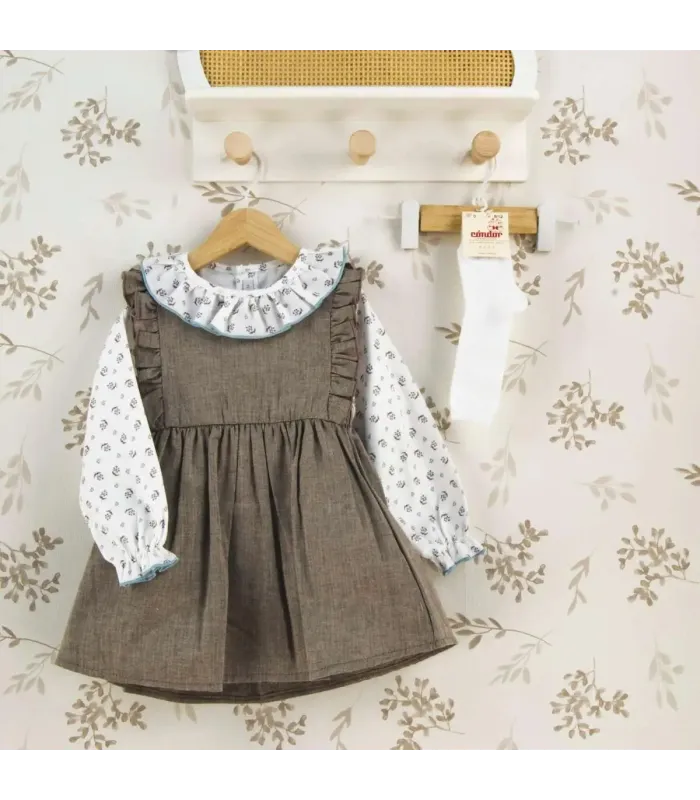 Conjunto Pichi niña chocolate algodón vestido volante blusa cuello volante ribete celeste