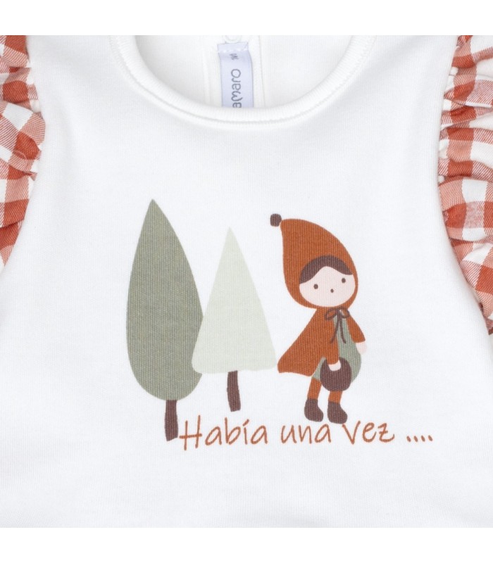 Detalles del conjunto bebé terracota algodón volante vichy polaina punto canalé detalle ilustración infantil
