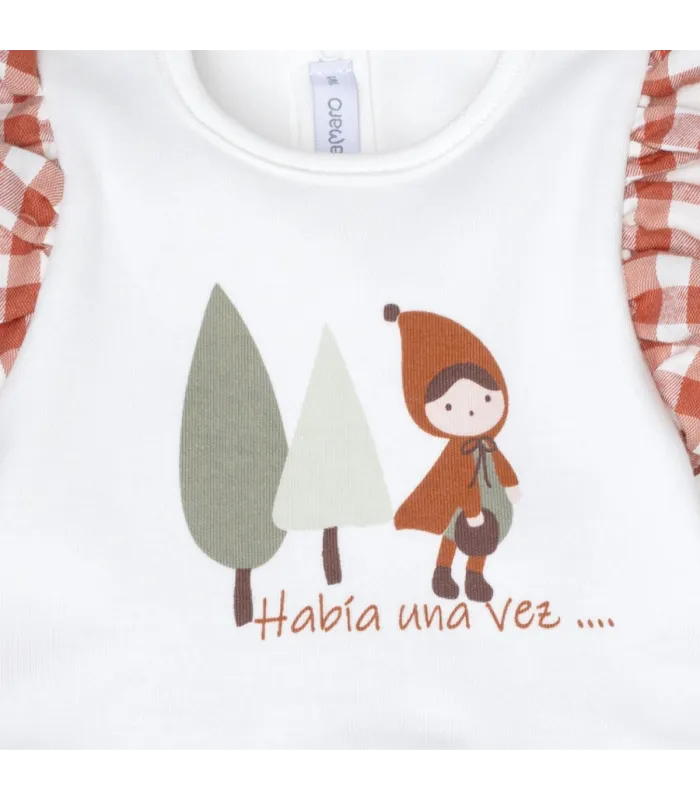 Detalles del conjunto bebé terracota algodón volante vichy polaina punto canalé detalle ilustración infantil
