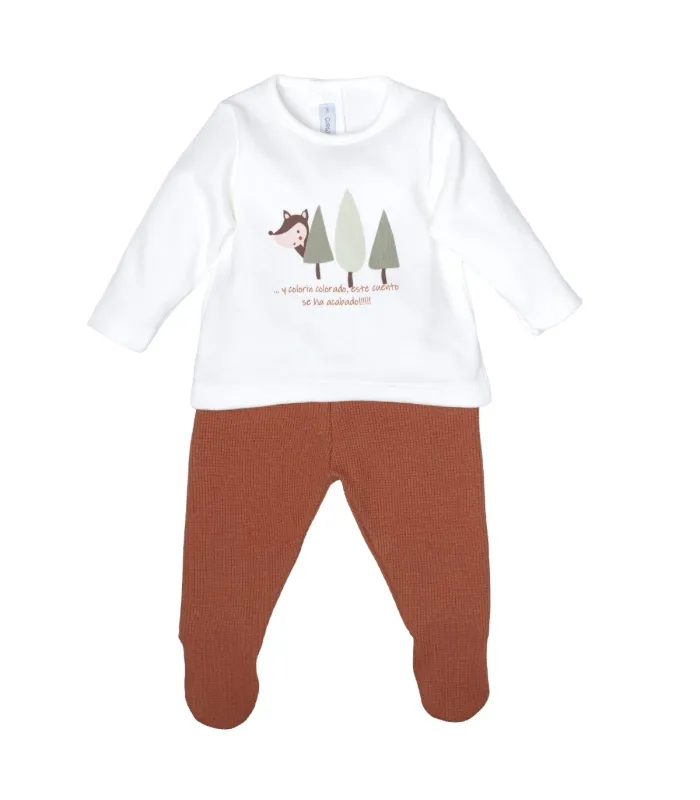 Conjunto bebé terracota algodón polaina punto canalé sudadera ilustración infantil estilo minimalista en fondo blanco